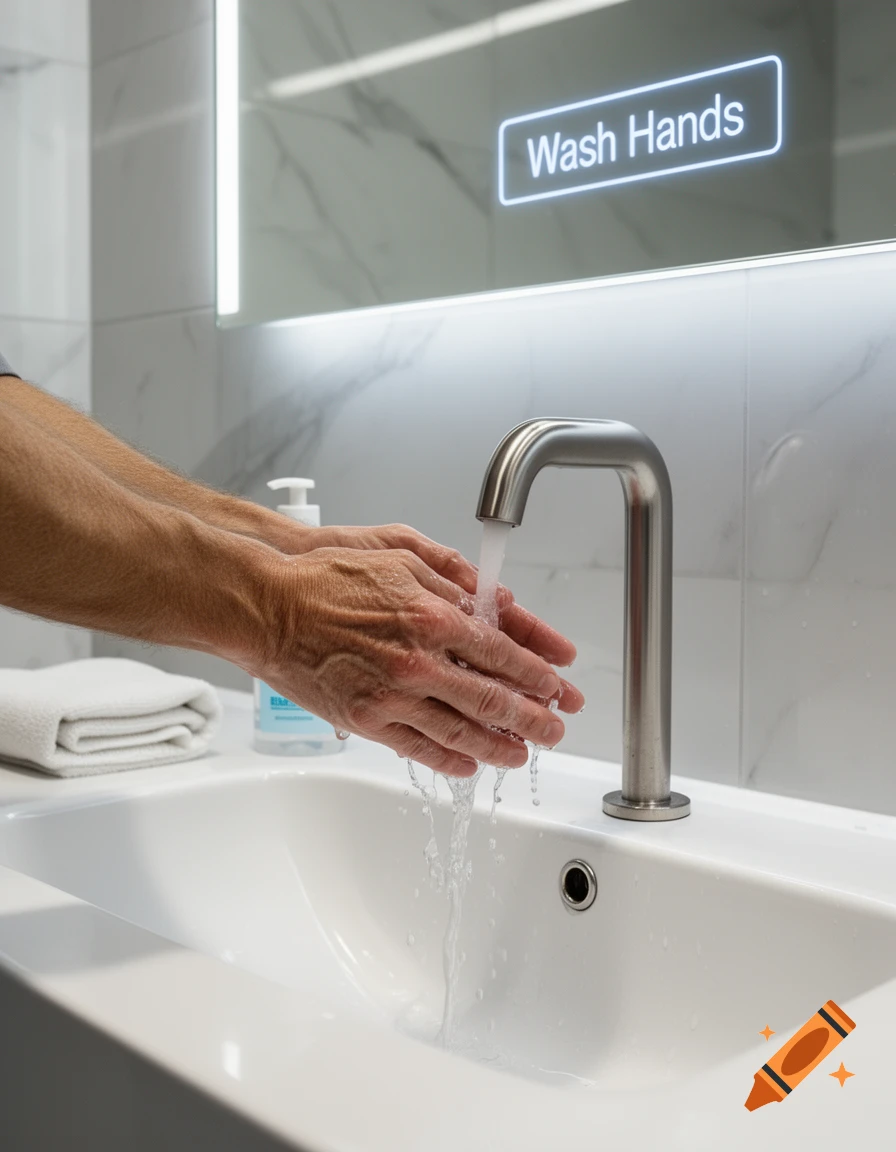 A person washing their hands under a modern silver faucet in a clean white bathroom, with a mirror displaying 'Wash Hands'.