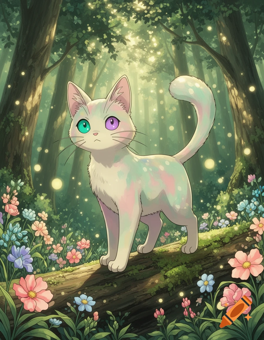 A stylized white cat with green and purple eyes on a mossy log in a glowing, flower-filled anime forest.