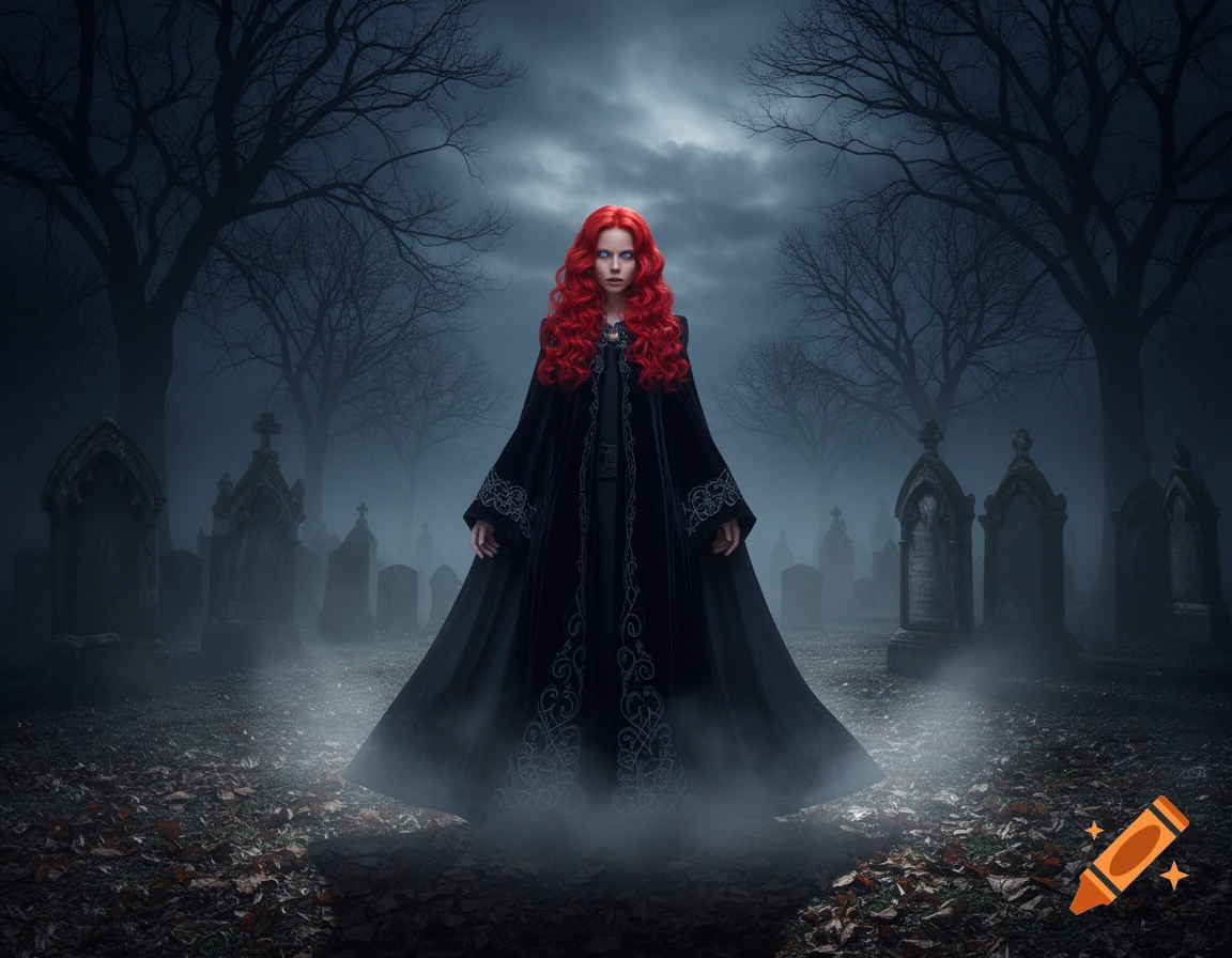 A red-haired woman in a flowing black cloak stands amidst fog and tombstones in a dark, moonlit cemetery with bare trees.
