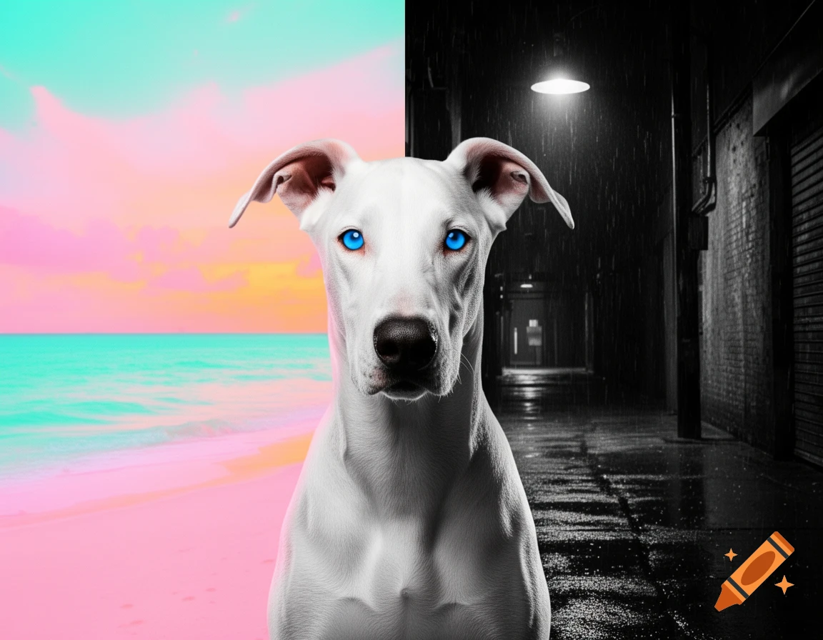 A white dog with bright blue eyes, split down the middle. The left half shows a vibrant pink and teal beach, the right half a black and white rainy alley.