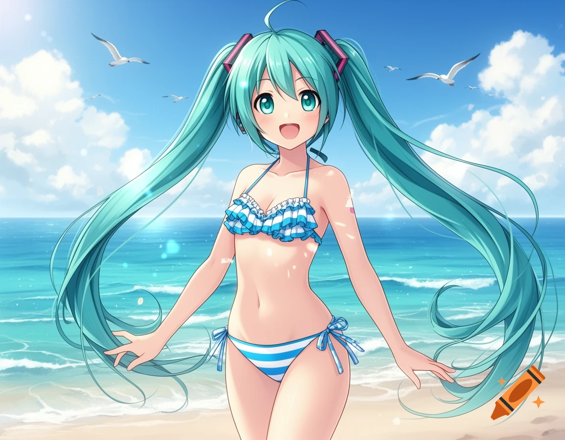Hatsune Miku in a blue and white striped bikini smiles on a sunny beach with blue waves and seagulls flying, anime style.