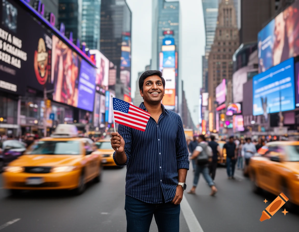 A smiling man holds a small American flag in Times Square, surrounded by yellow cabs and illuminated billboards in a photorealistic style.