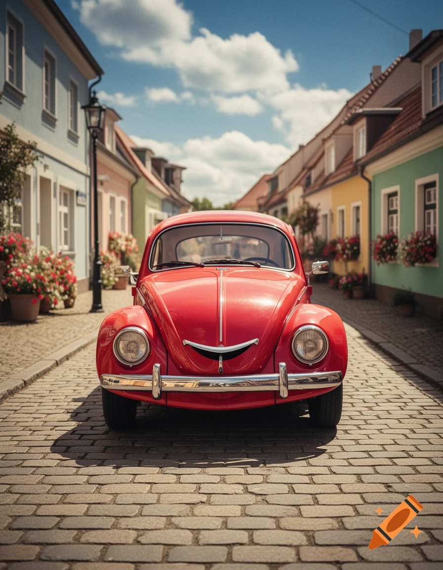 A red classic car with a chrome smiling grille on a cobblestone street, colorful houses and blue sky.