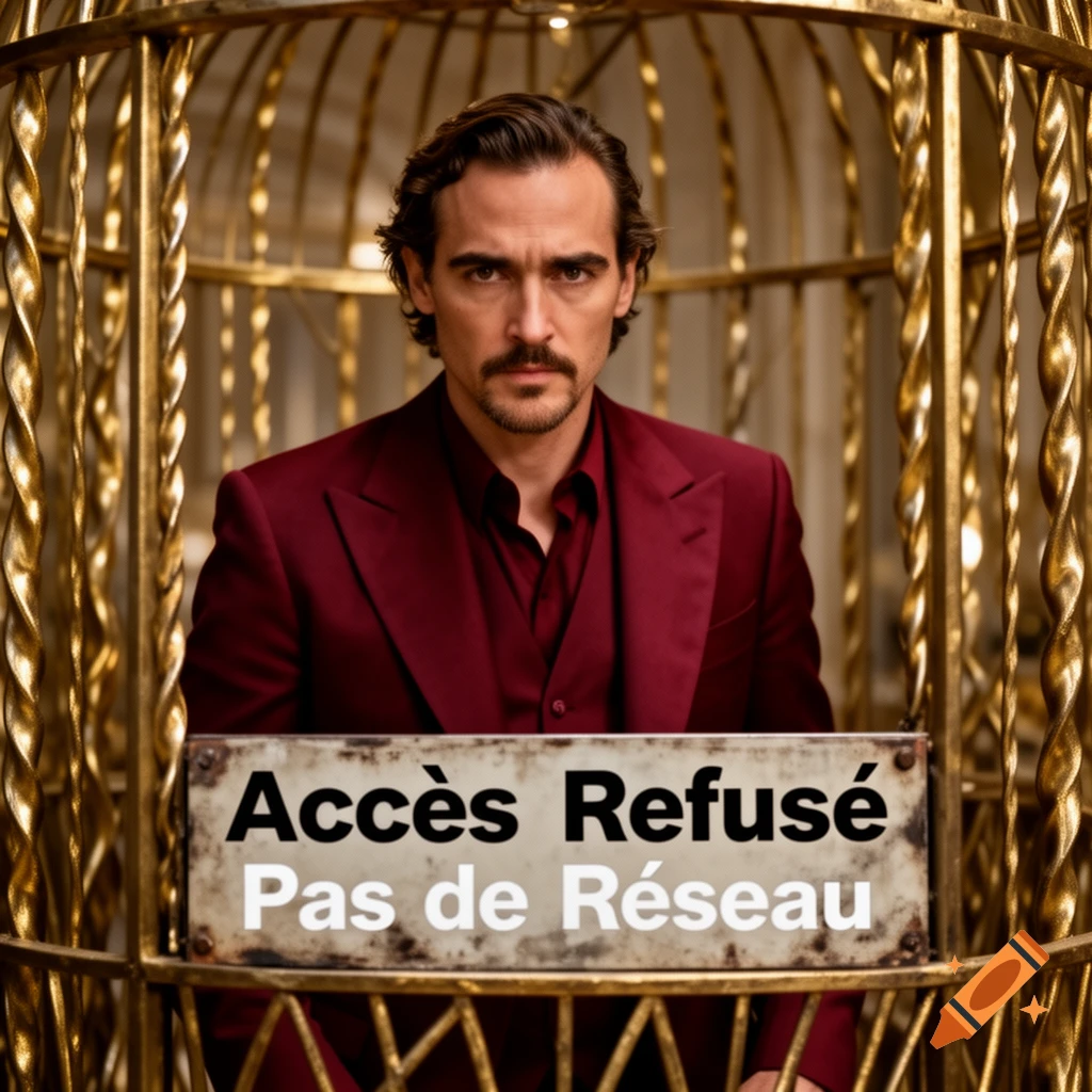 Photorealistic portrait of a man in a red suit inside a golden cage, holding a sign that reads 'Access Denied No Network'.