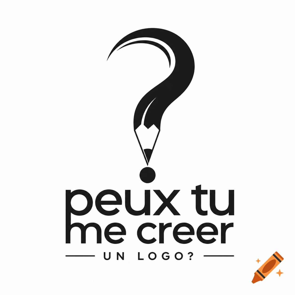 A black and white logo featuring a question mark creatively formed by a pencil, with the French text 'peux tu me creer un logo?' below.