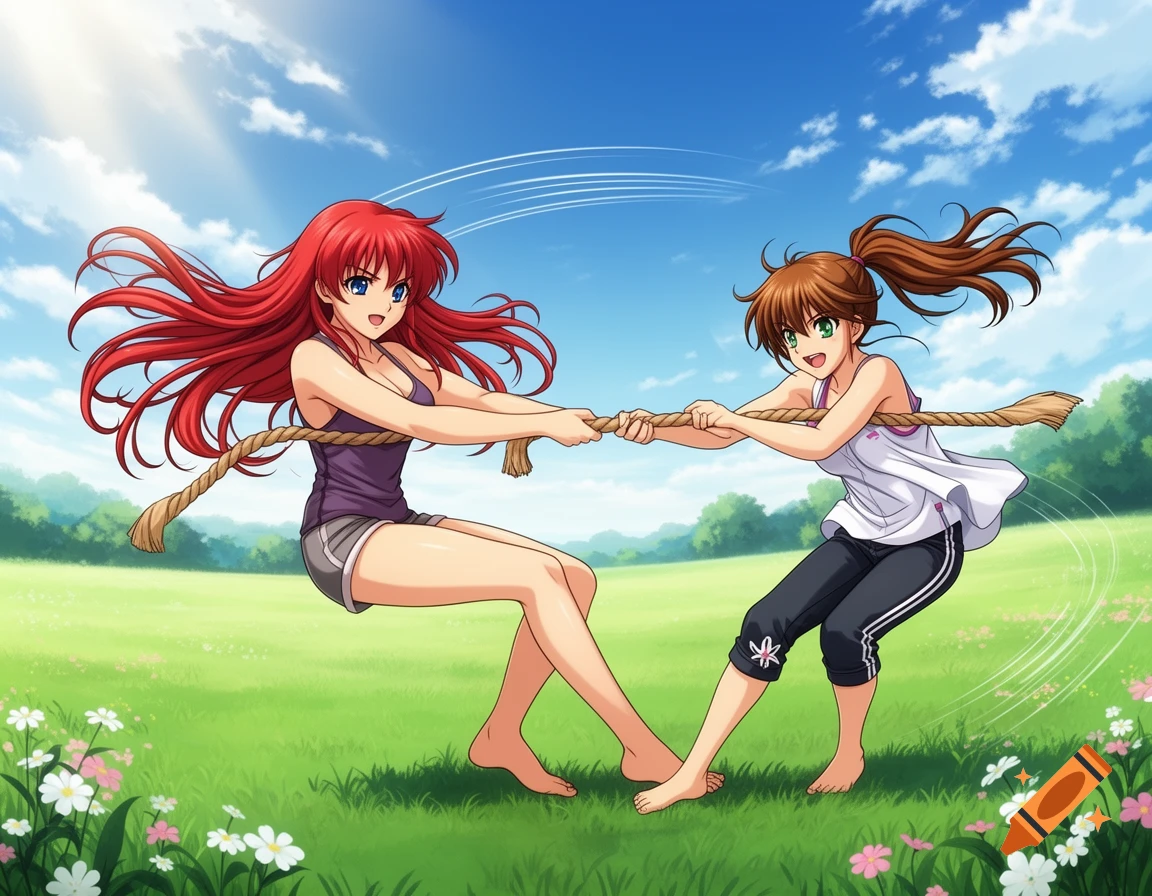 Anime illustration of two barefoot women playing tug-of-war in a sunny green field.