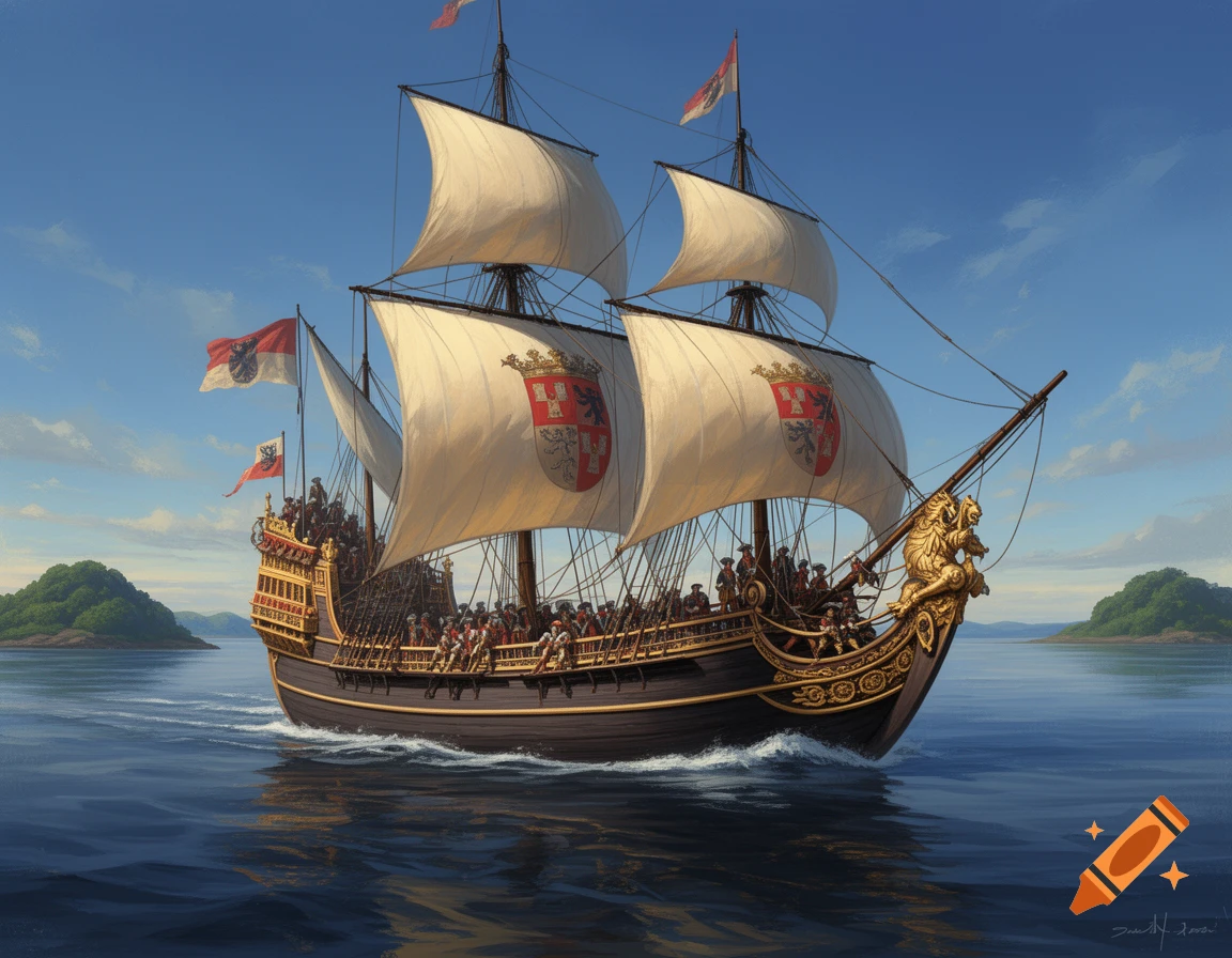 A detailed painting of a 17th-century Brandenburg galley full of people sailing on a calm blue sea under a clear sky.