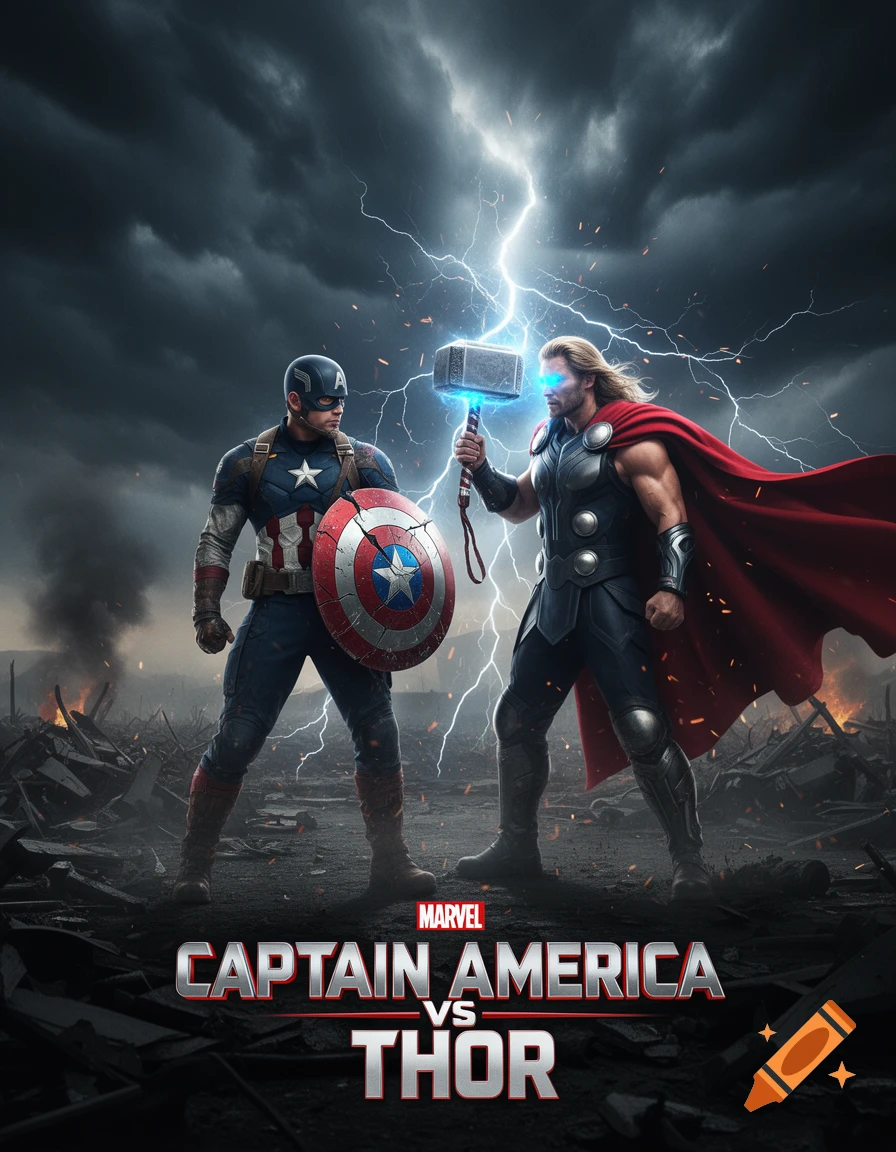 Captain America and Thor clash on a ruined battlefield under a stormy sky, vibrant lightning behind them, in a movie poster style.