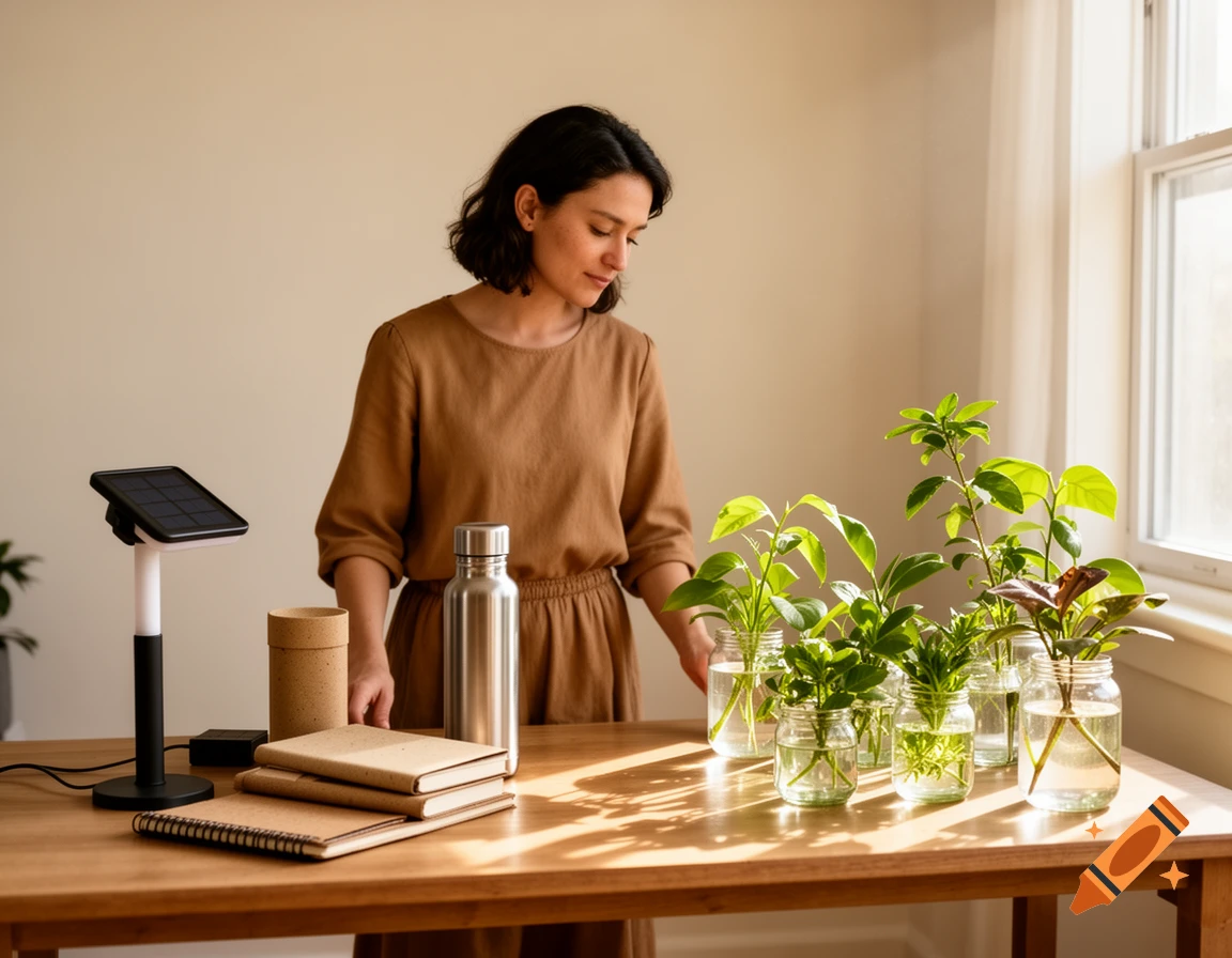 A woman in a brown dress stands at a wooden table with several plant cuttings in jars, a metal bottle, books, and a solar-powered device.