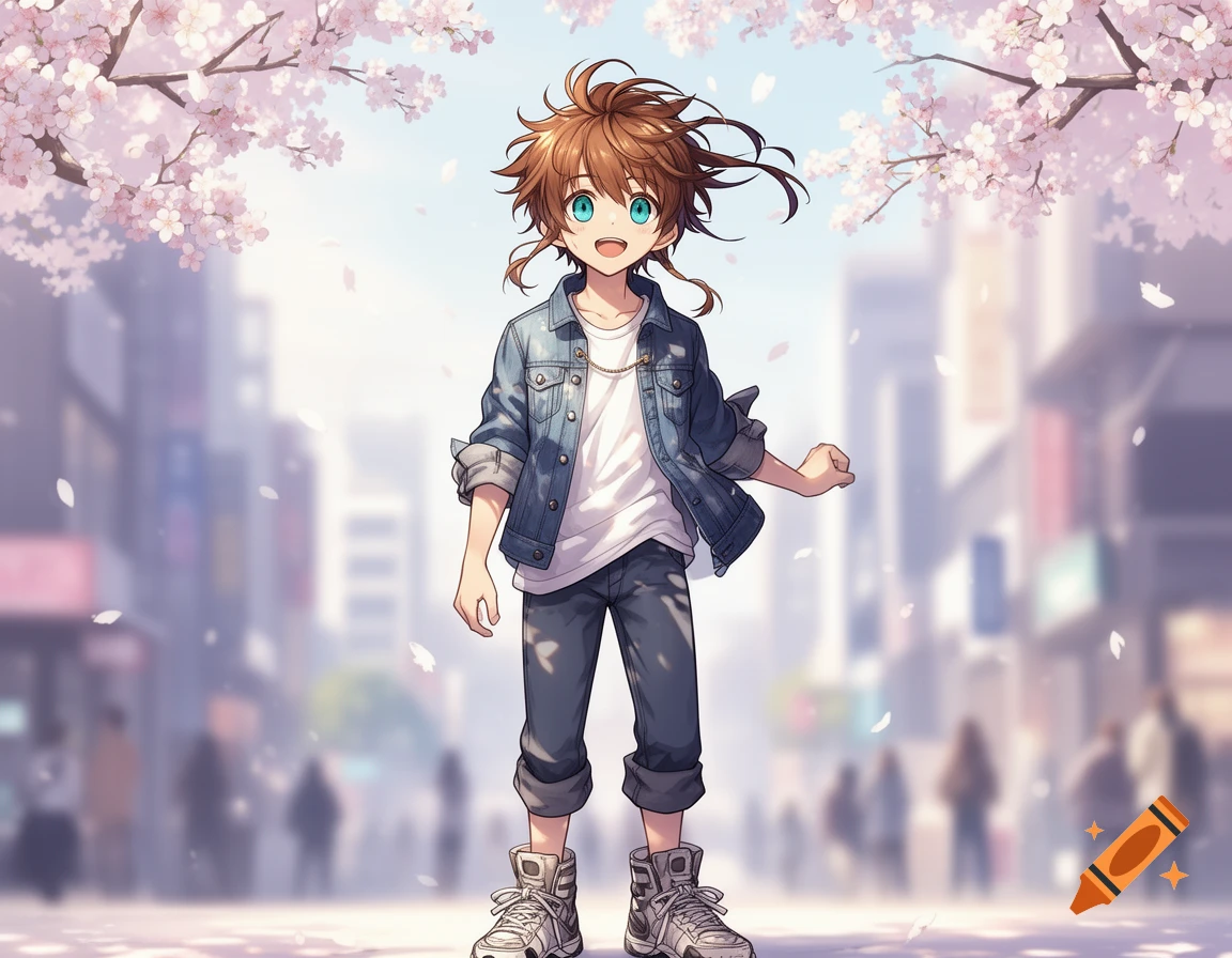 Anime boy with brown messy hair and blue eyes, wearing a denim jacket, standing on a city street under falling cherry blossoms.