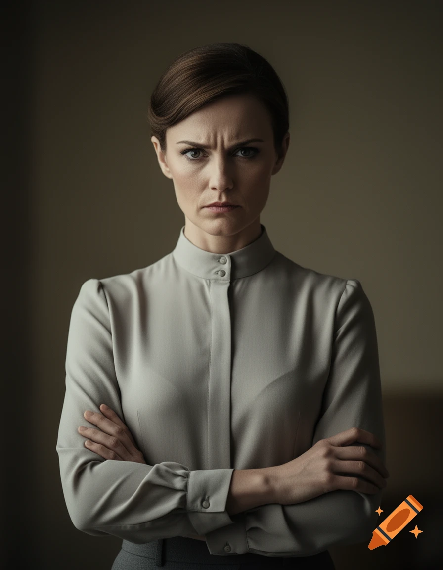 A photorealistic portrait of a woman with a severe, closed-off expression and crossed arms, wearing a conservative high-collared blouse.