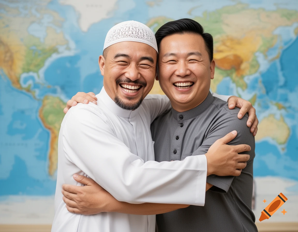 Two men, one in a white kufi and the other in a grey shirt, embrace and laugh joyfully in front of a blurry world map.