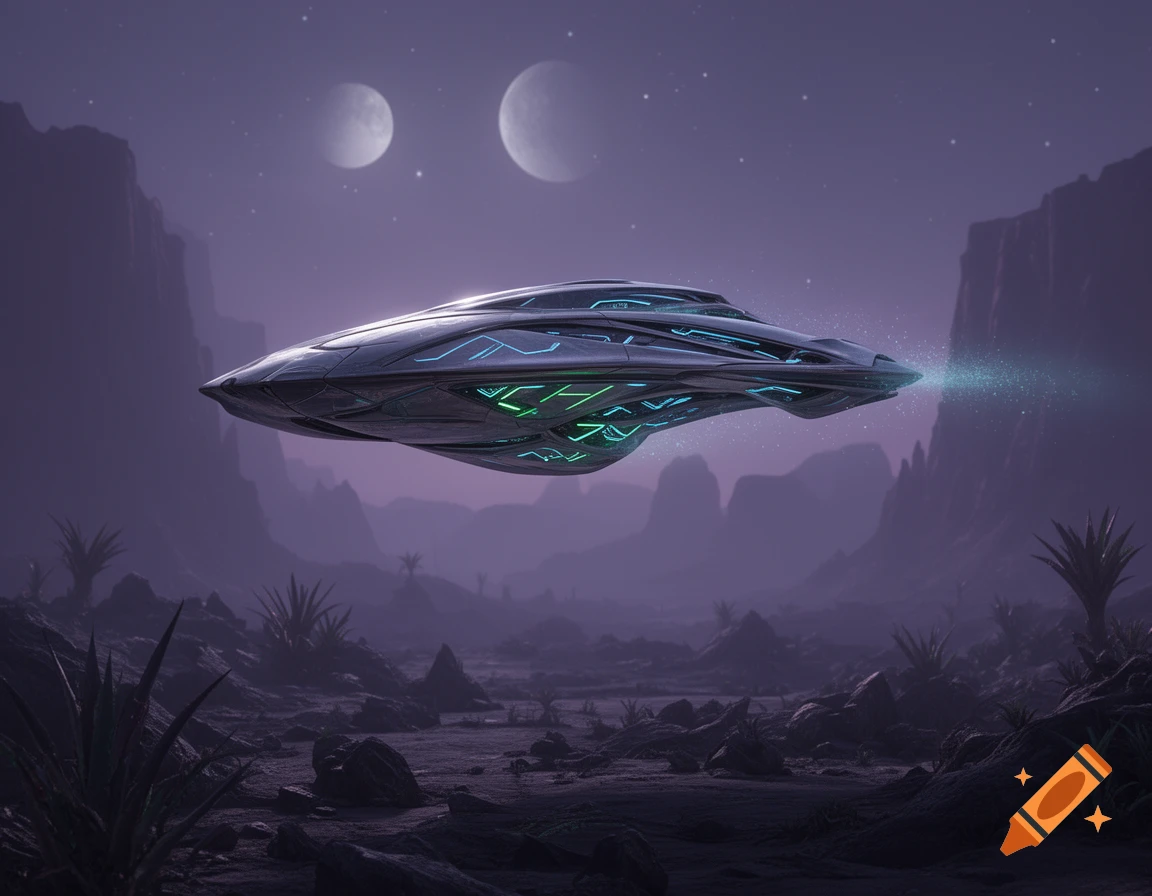 Futuristic alien aircraft with glowing lights hovers over a desolate purple alien landscape under a starry night sky with two large moons.