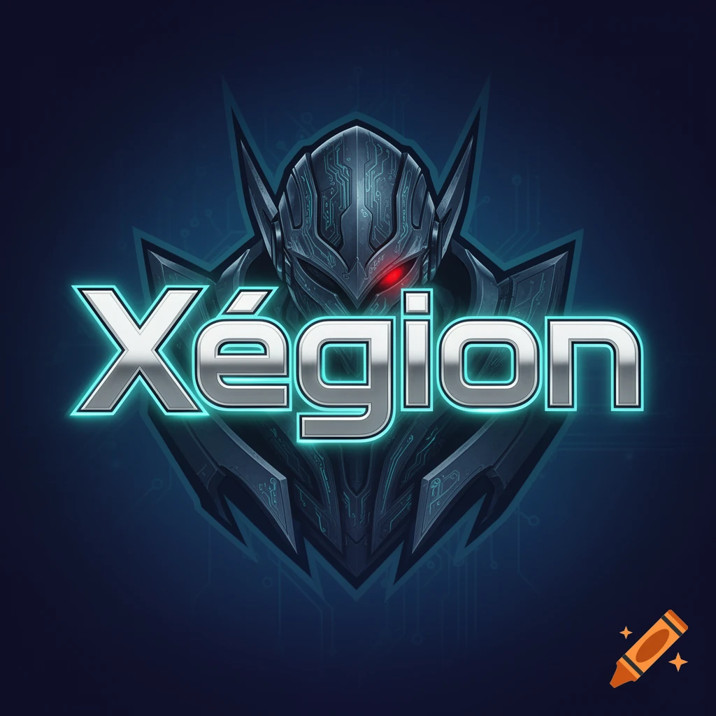 Silver metallic text 'Xégion' with a cyan glow in front of a dark blue cyborg knight head logo with red eyes.