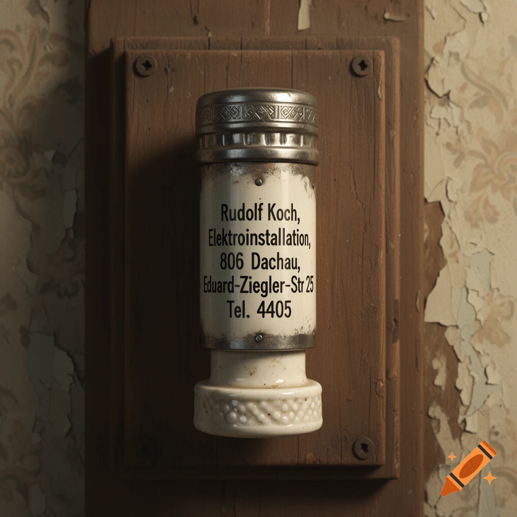 An old white ceramic Diazed fuse with a metallic top mounted on a wooden board, featuring text, against peeling floral wallpaper.