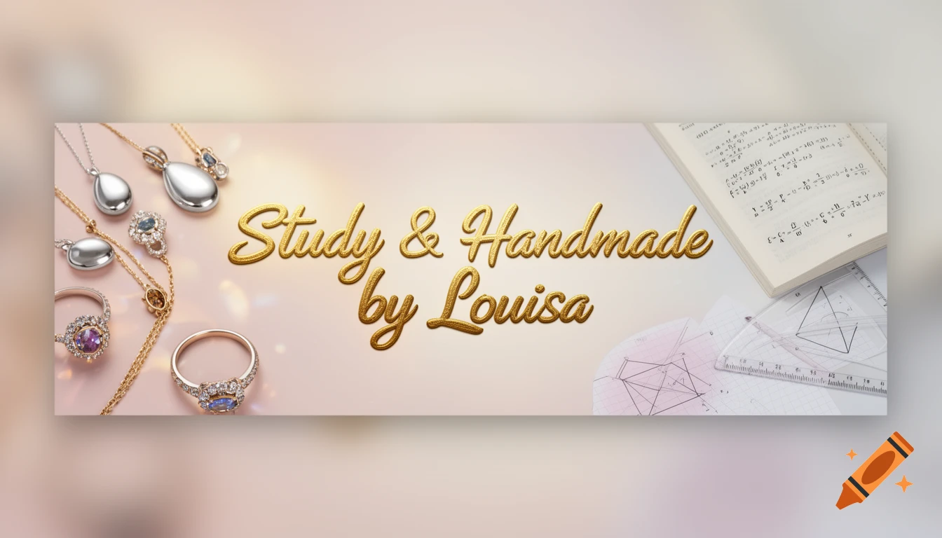 A YouTube banner with 'Study & Handmade by Louisa' in gold script, featuring various pieces of jewelry and a math textbook with geometric tools.