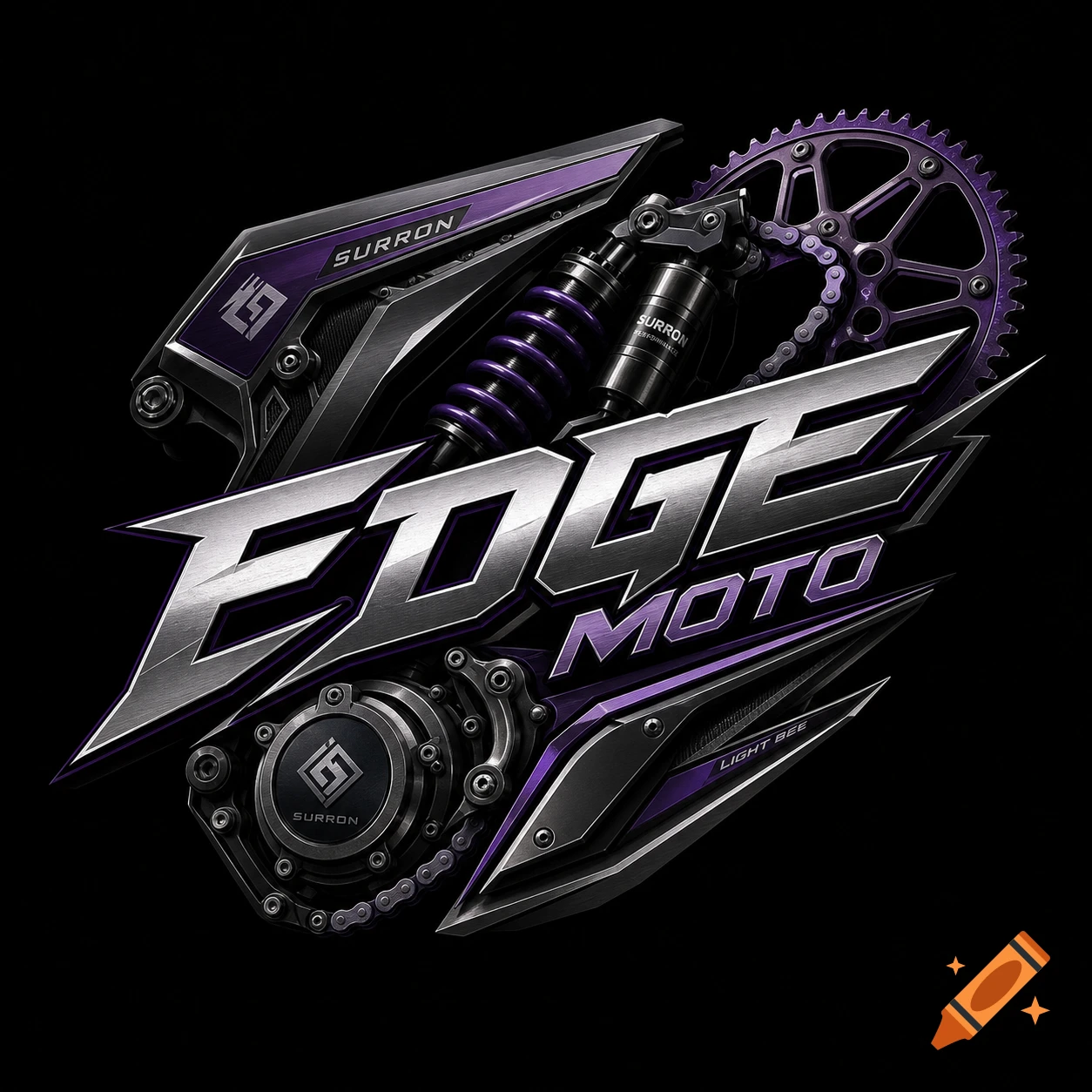 Hyper-realistic Edge Moto logo with silver, black, and purple Surron motorcycle parts on a dark background.