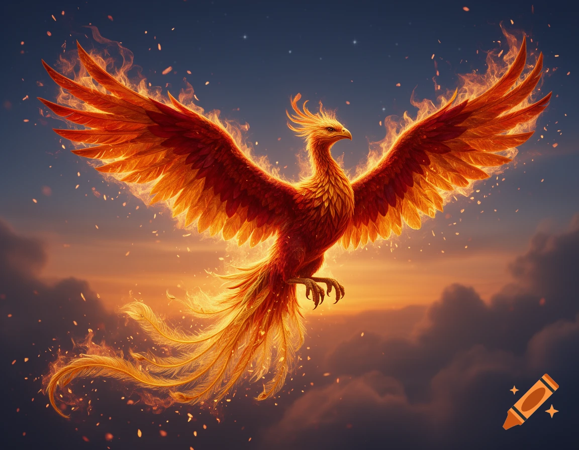 A majestic phoenix with fiery orange and red wings and tail soars through a sunset sky filled with clouds.