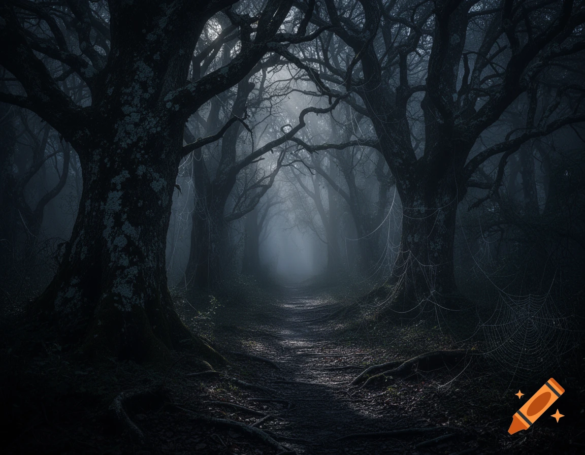 A dark, misty forest path winding through ancient, gnarled trees with spiderwebs, bathed in eerie light.