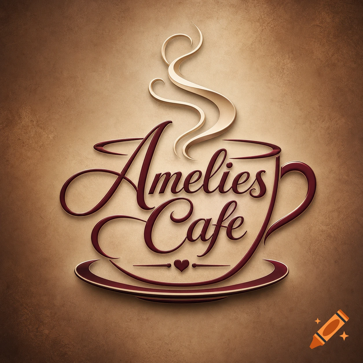 Elegant brown and cream logo for Amelies Cafe, with text forming a stylized coffee cup and steam on a textured background.