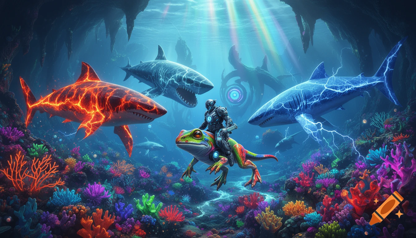 A sci-fi warrior on a colorful frog-dino underwater, surrounded by glowing lava and lightning sharks, vibrant coral reefs, and sunrays.