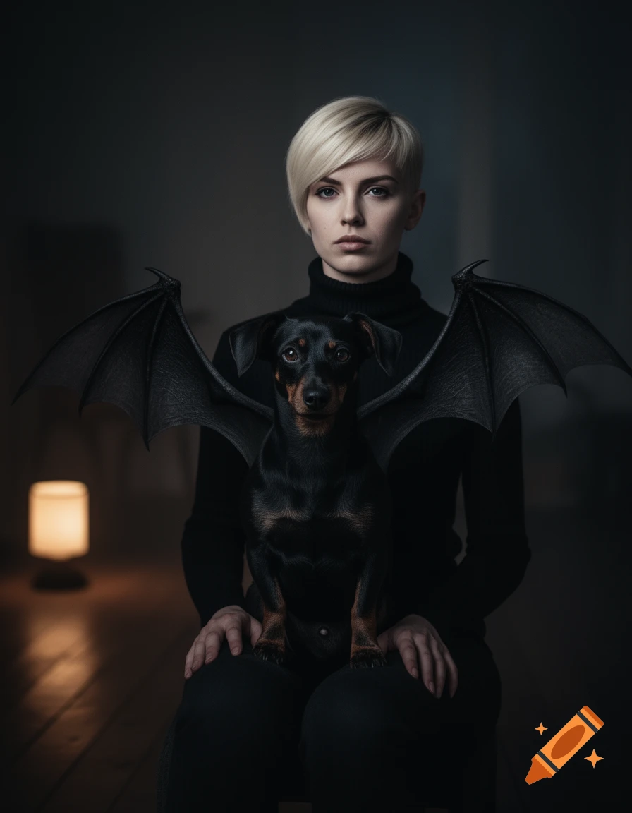 A solemn blonde woman with a pixie cut holds a small black dog with bat wings on her lap in a dimly lit room.
