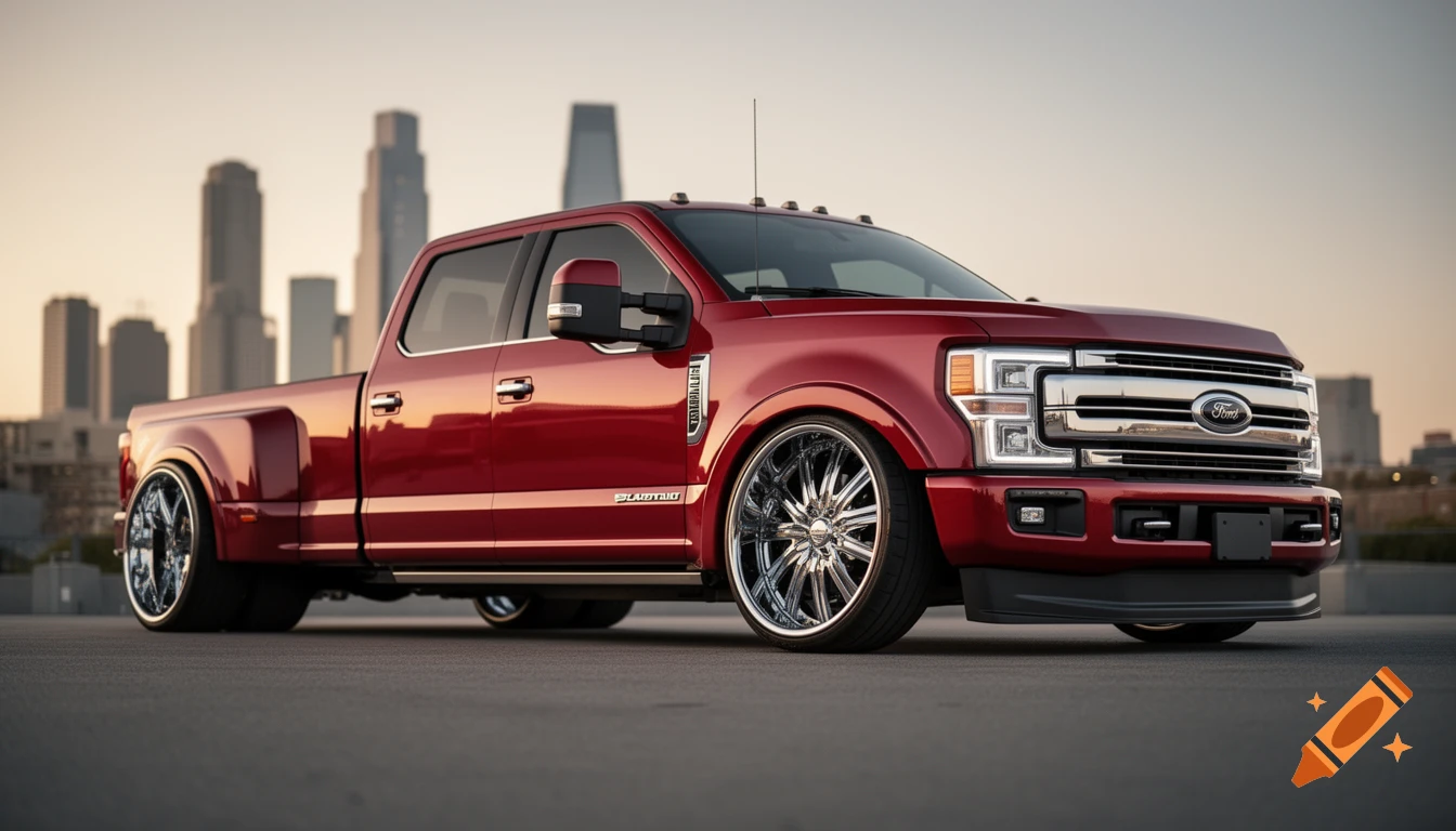 A red Ford F350 dually truck, slammed to the ground with large chrome wheels, parked on asphalt with a city skyline in the background.