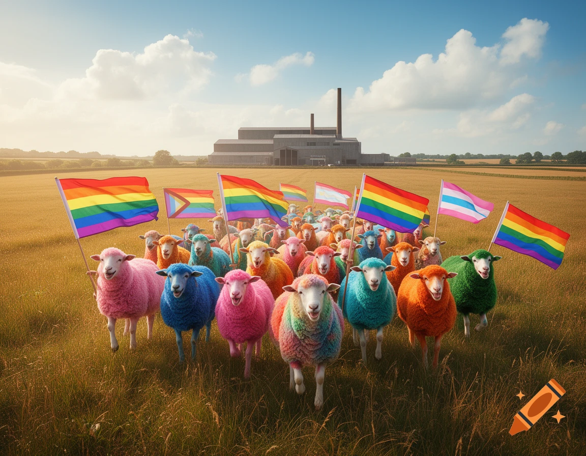 A flock of brightly colored sheep, some rainbow-dyed, holding various Pride flags in a sunny field with a distant factory.