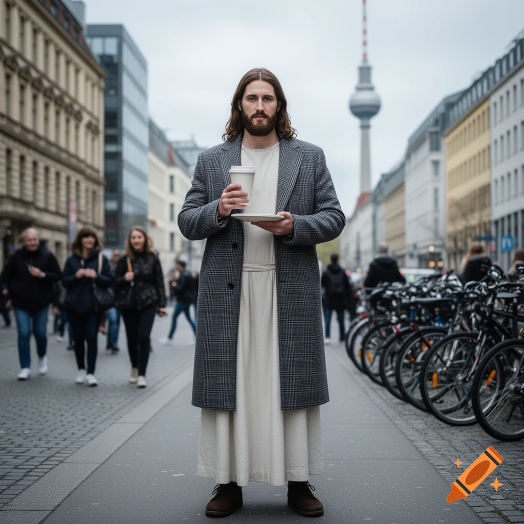 A man resembling Jesus in a modern coat and robe stands on a Berlin street, holding a coffee cup, with the TV Tower behind him.