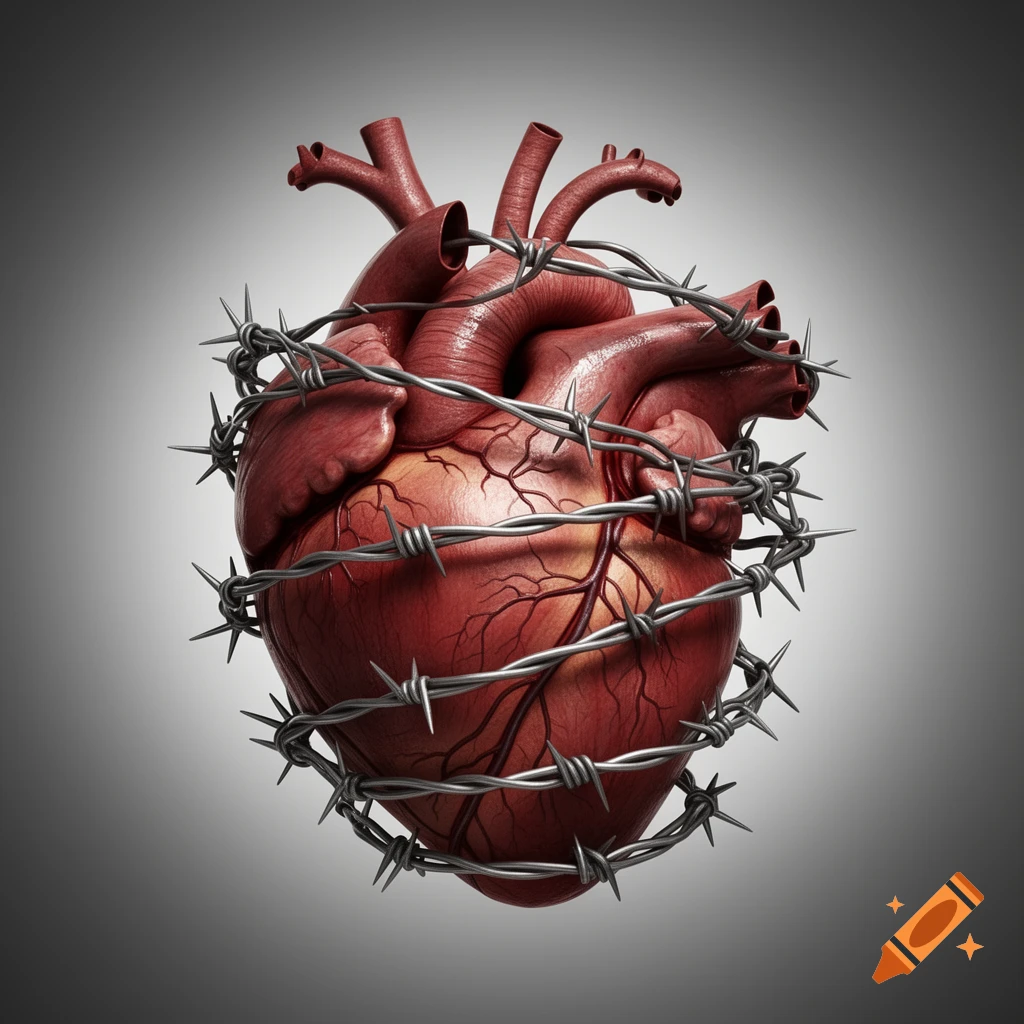 An anatomical human heart tightly wrapped in barbed wire, against a gradient gray background, symbolizing pain or struggle.