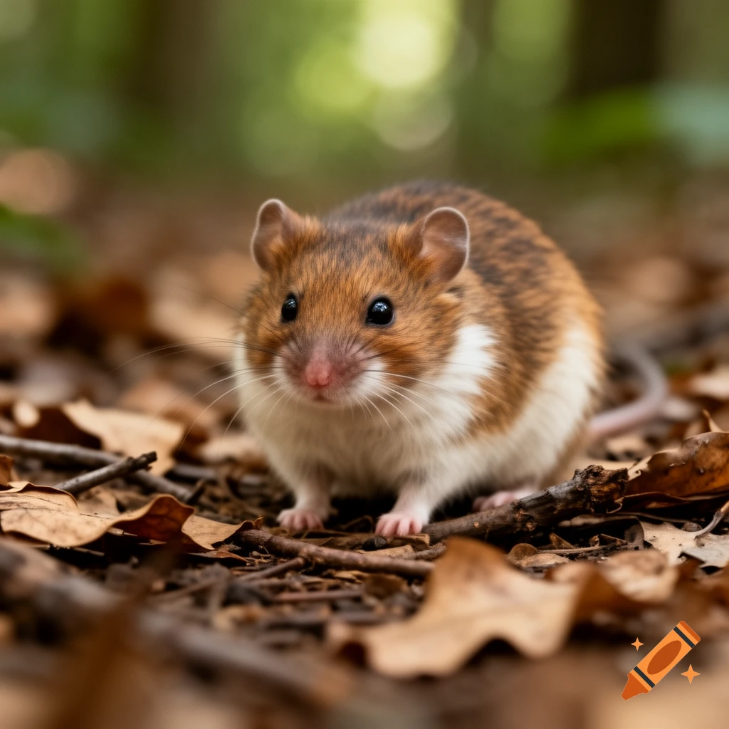 A small brown and white mouse with large black eyes sits on a forest floor covered in leaves and twigs.
