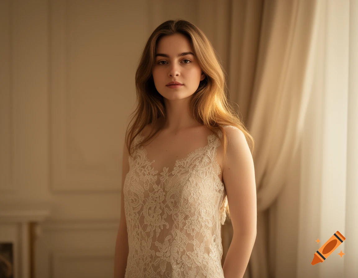 Photorealistic portrait of a young woman with light brown hair, wearing a lacy cream-colored top, standing in a softly lit room.