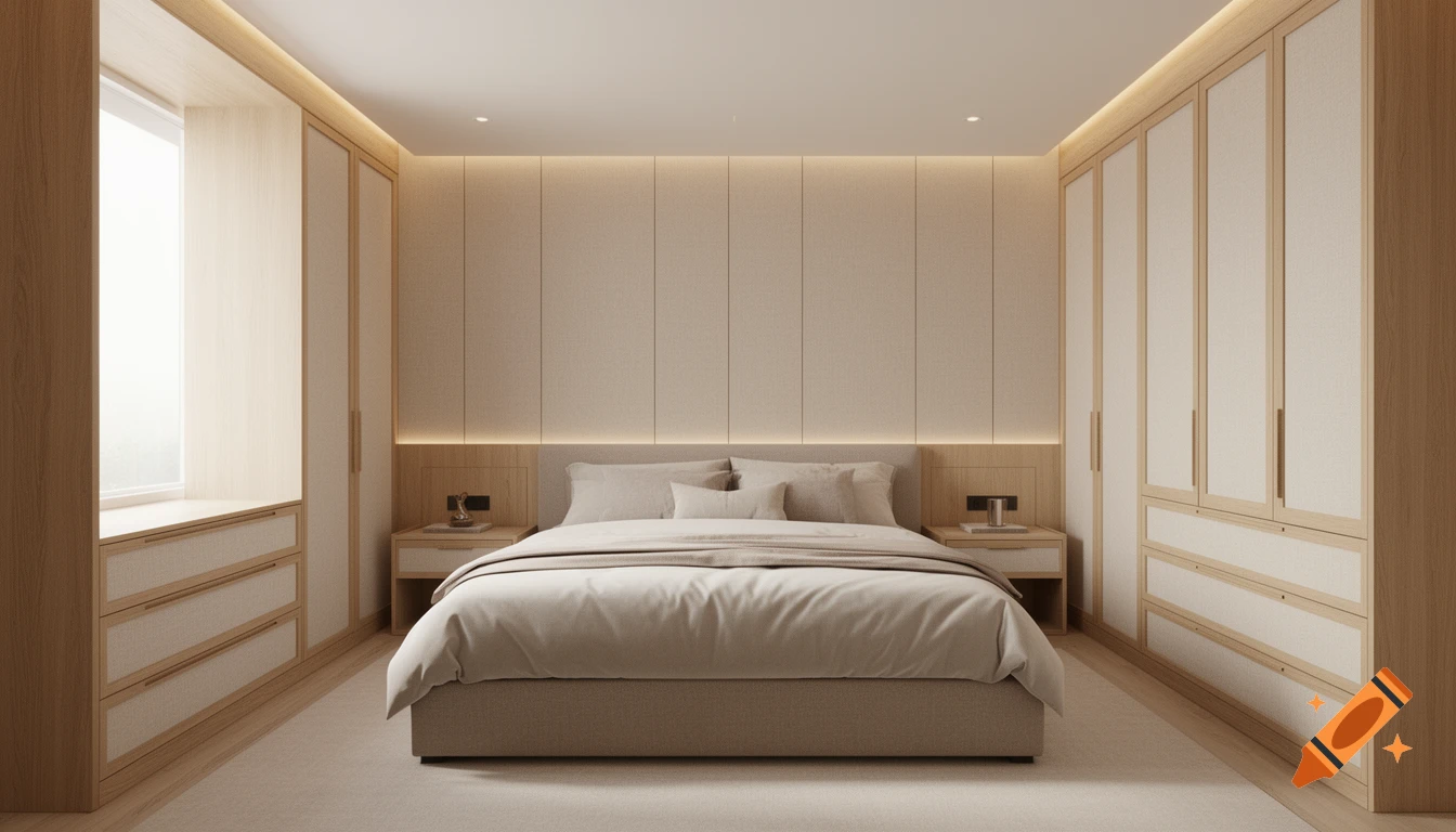 A modern, minimalist bedroom with a large bed, built-in wooden wardrobes, and soft indirect lighting.