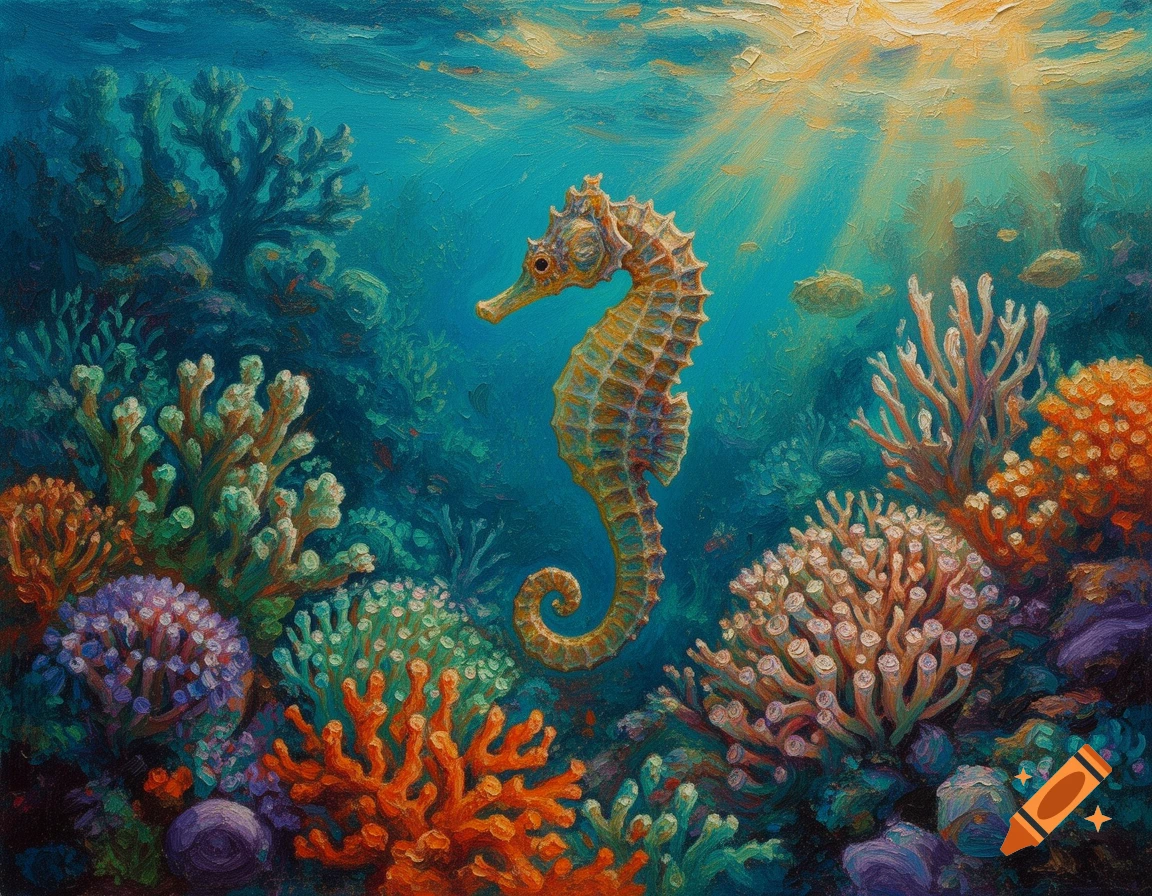 A vibrant oil painting of a seahorse swimming in a colorful coral reef with sunlight filtering from above.