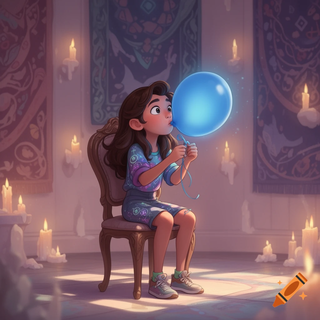 An animated girl with brown hair sits on a chair, blowing a glowing blue balloon in a whimsical, candle-lit room.