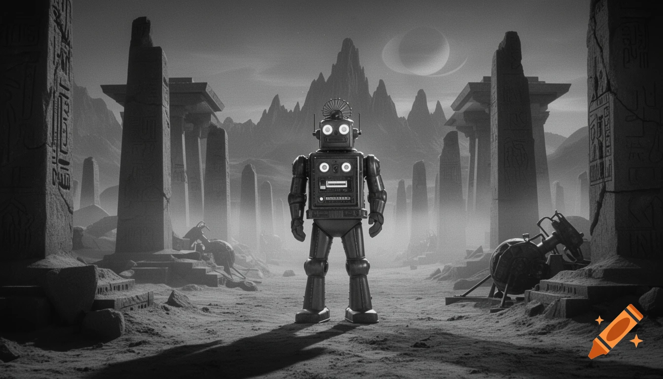 A retrofuturistic robot stands among towering alien ruins under a planet-ringed sky in a dramatic black-and-white science fiction scene.