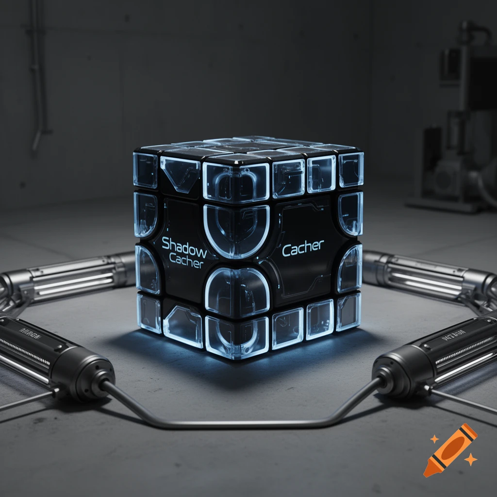 A futuristic black Rubik's cube with glowing blue edges and text 'Shadow Cacher' and 'Cacher', connected by metallic tubes on a concrete floor.