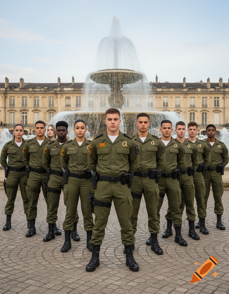 A group of eleven young people in green military uniforms pose in front of a fountain and classical building on a paved square.