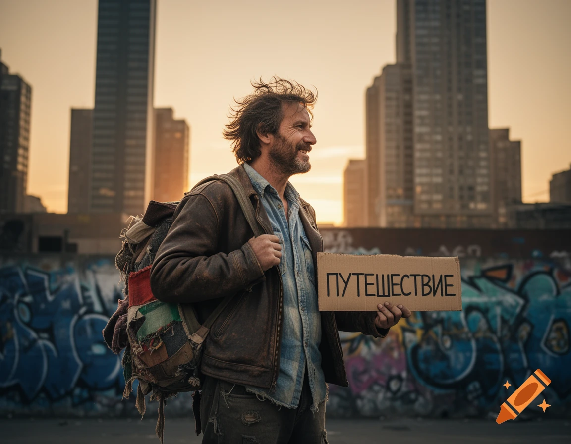 A rugged man with a large backpack smiles, holding a sign that reads "ПУТЕШЕСТВИЕ" (JOURNEY) in an urban setting at sunset. Photorealistic.