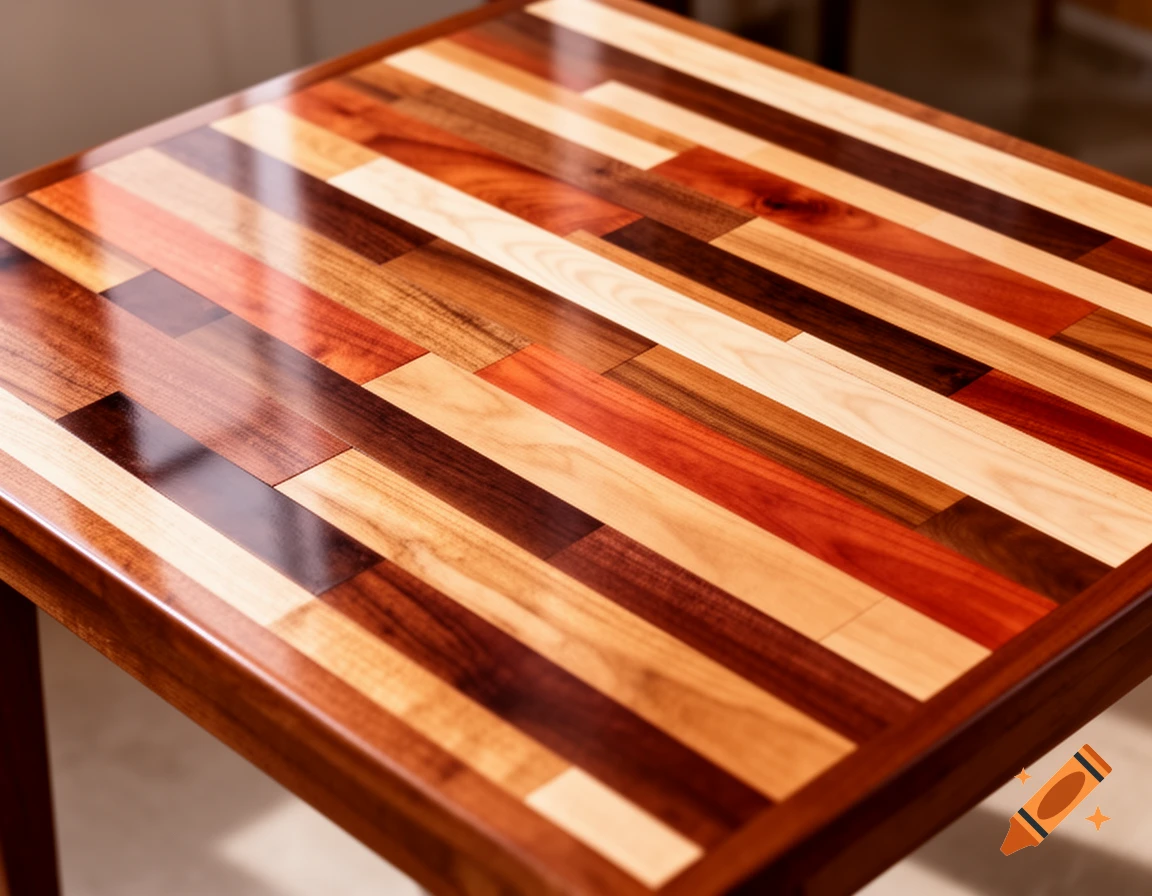 A close-up shot of a glossy wooden table top made from numerous rectangular veneer strips in various natural wood tones.