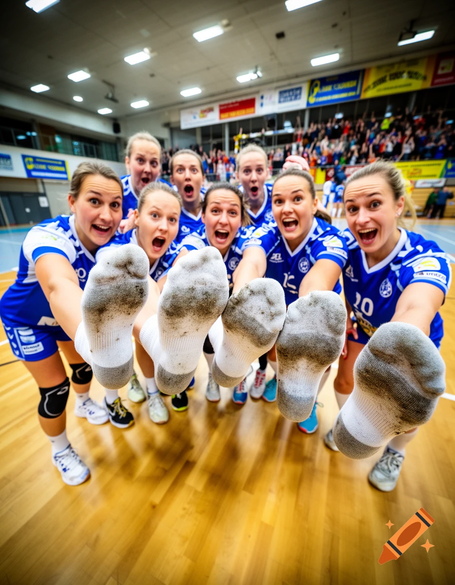 A jubilant women's handball team in blue uniforms holds up their dirty socks and feet towards the camera on a wooden court.