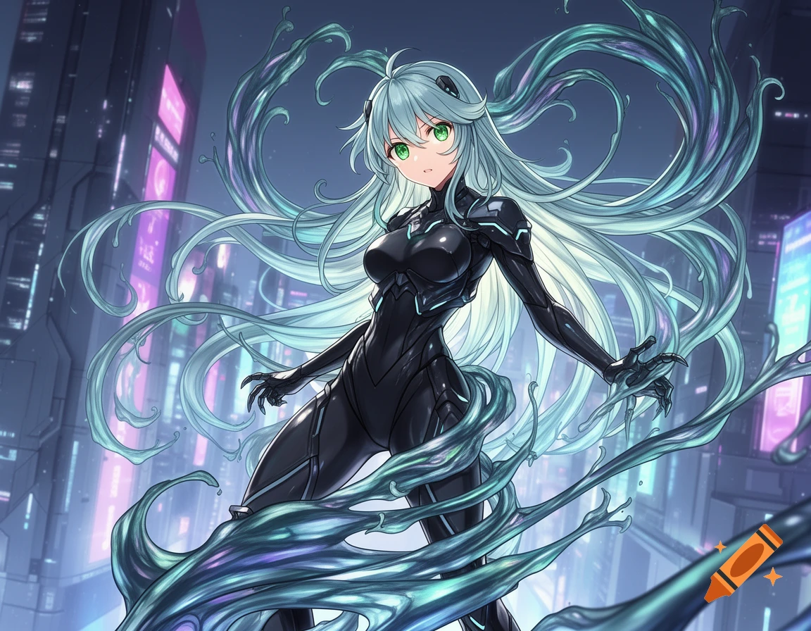 An anime girl in a sleek black suit with green eyes and flowing teal hair, surrounded by dark tendrils, against a neon city background.