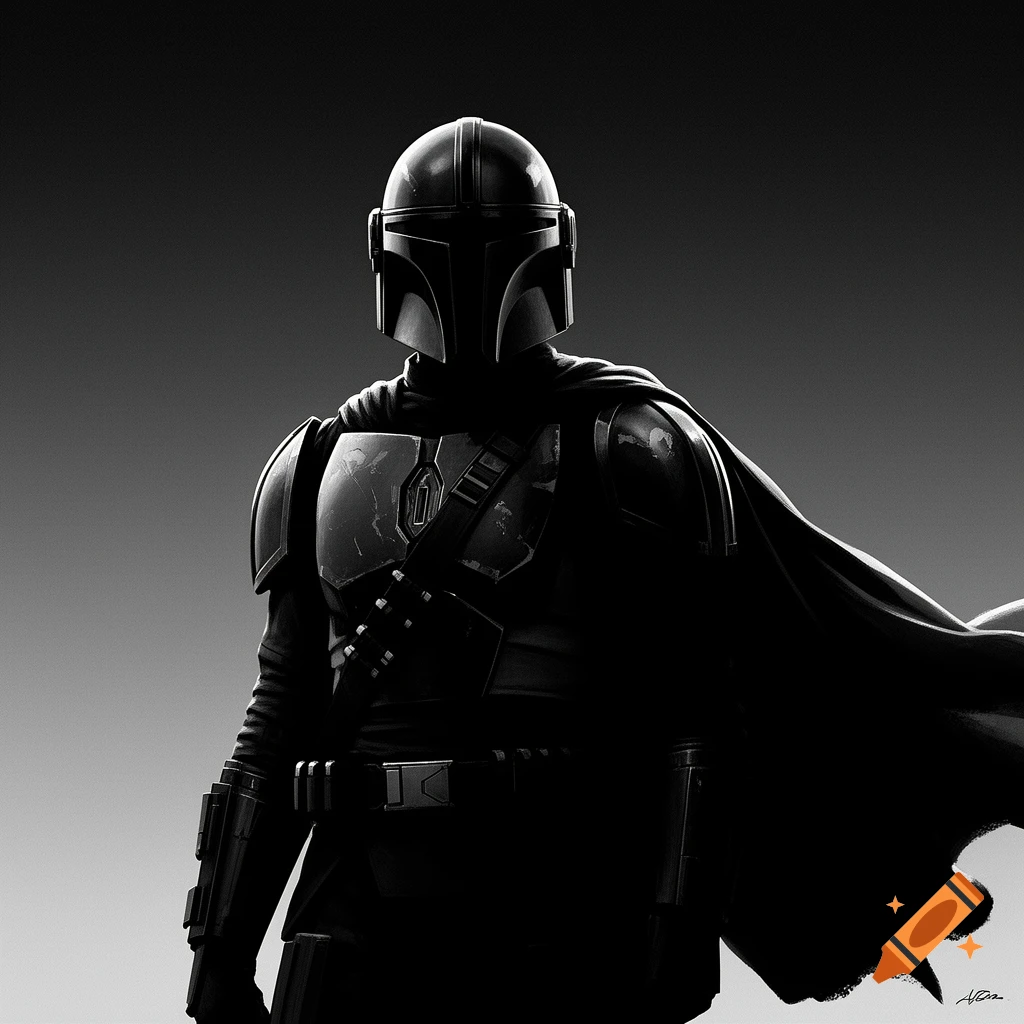 A black and white illustration of The Mandalorian in full armor and flowing cape, looking slightly right against a gradient background.