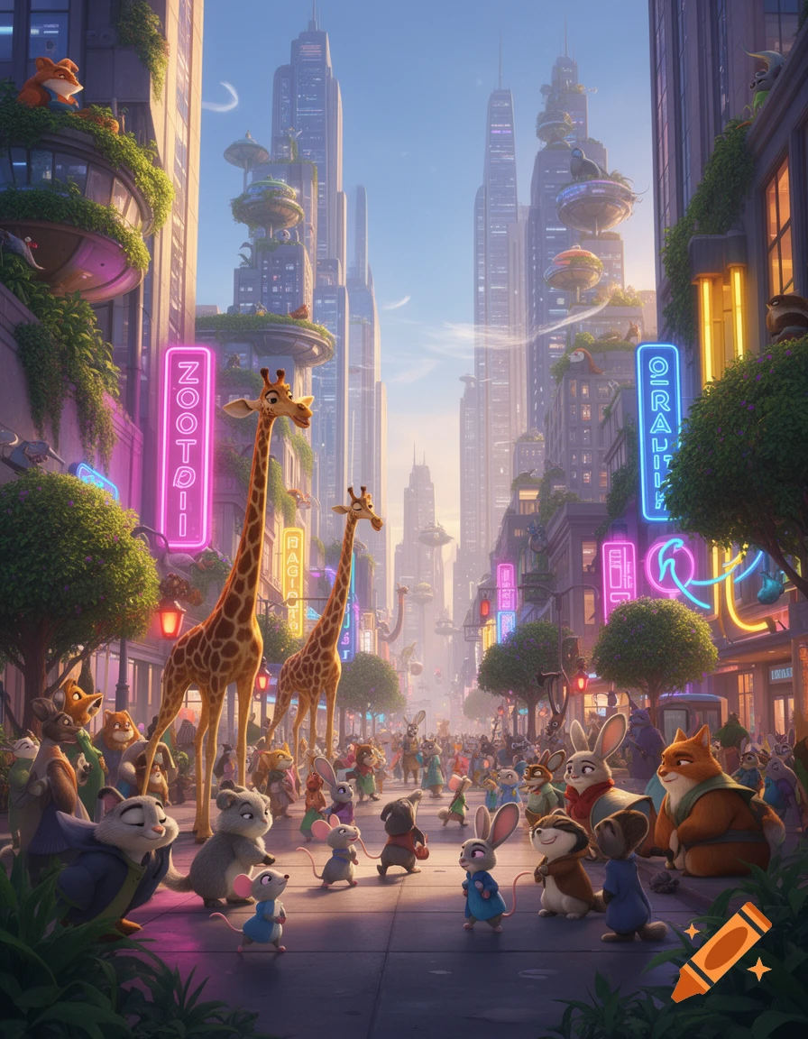 A vibrant animated cityscape with anthropomorphic animals, including giraffes, rabbits, and mice, on a busy street lined with neon signs.