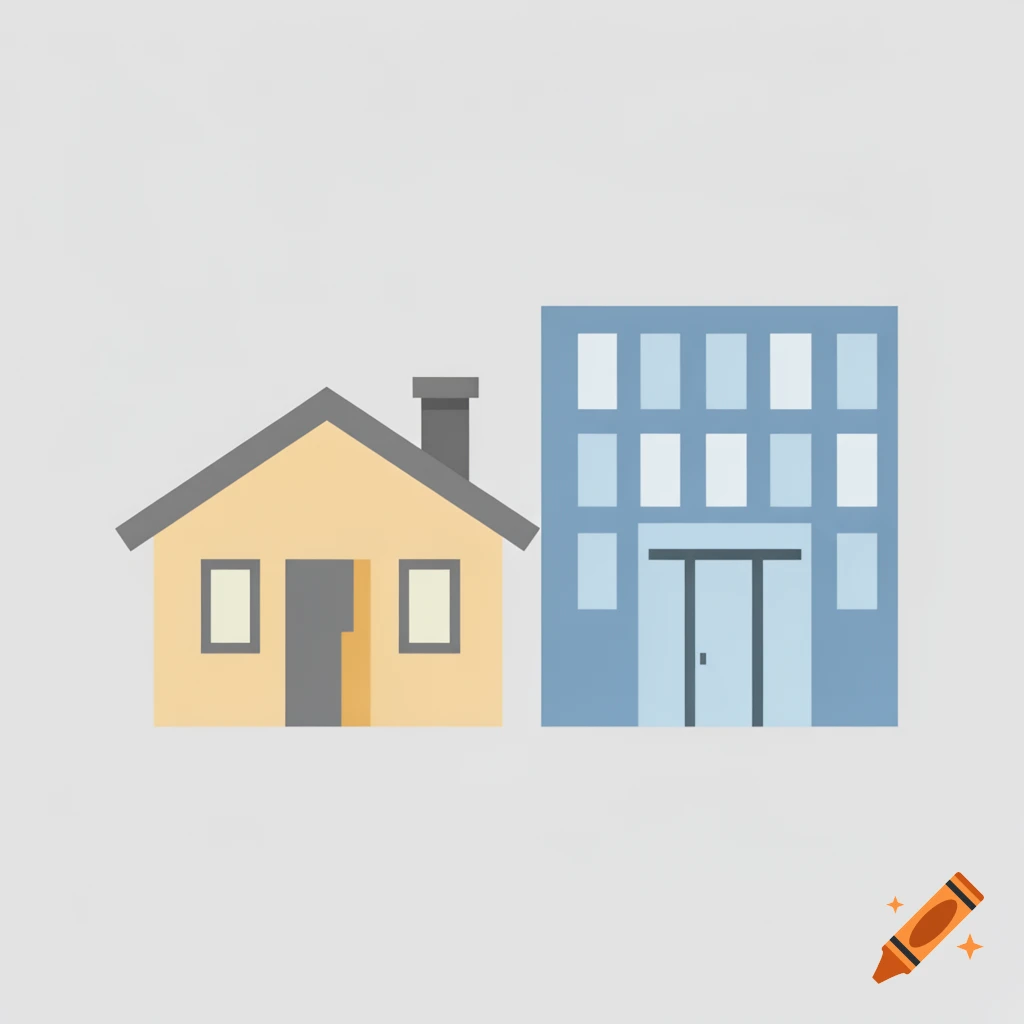 Flat design illustration of a yellow house and a blue office building on a light grey background.