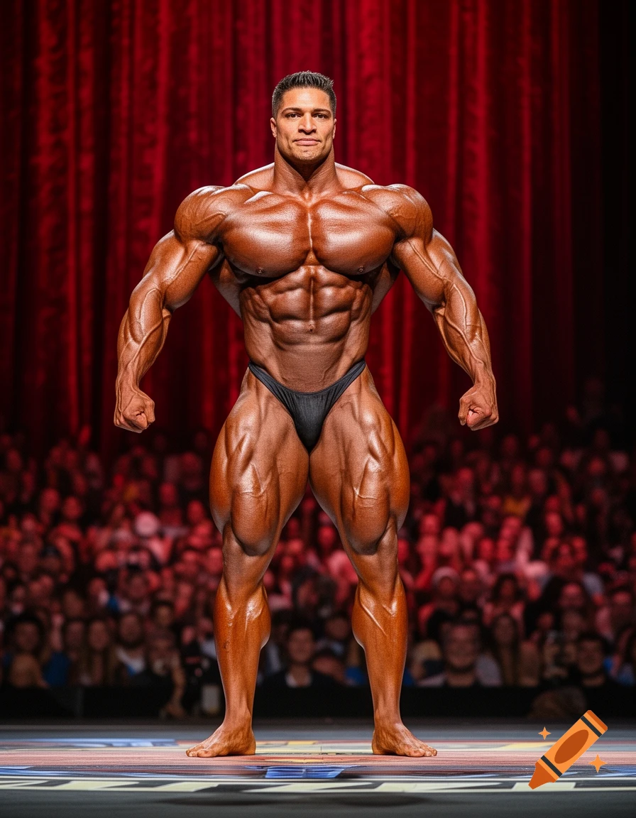 A very muscular bodybuilder in a black posing trunk stands on stage, flexing in front of an audience.