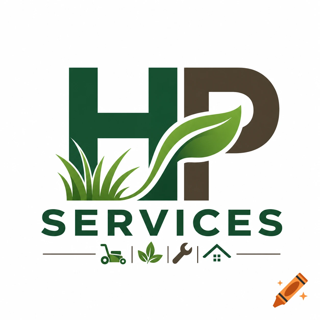 Green and brown HP Services logo with a leaf, grass, and icons for lawn care, maintenance, and home.