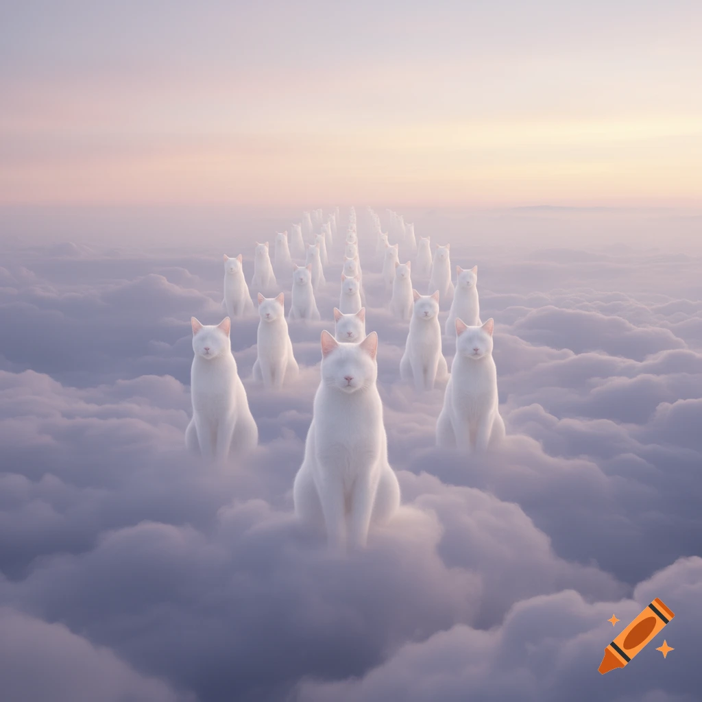 Numerous faceless white cats sit upright in rows on fluffy clouds under a soft, pastel sky.