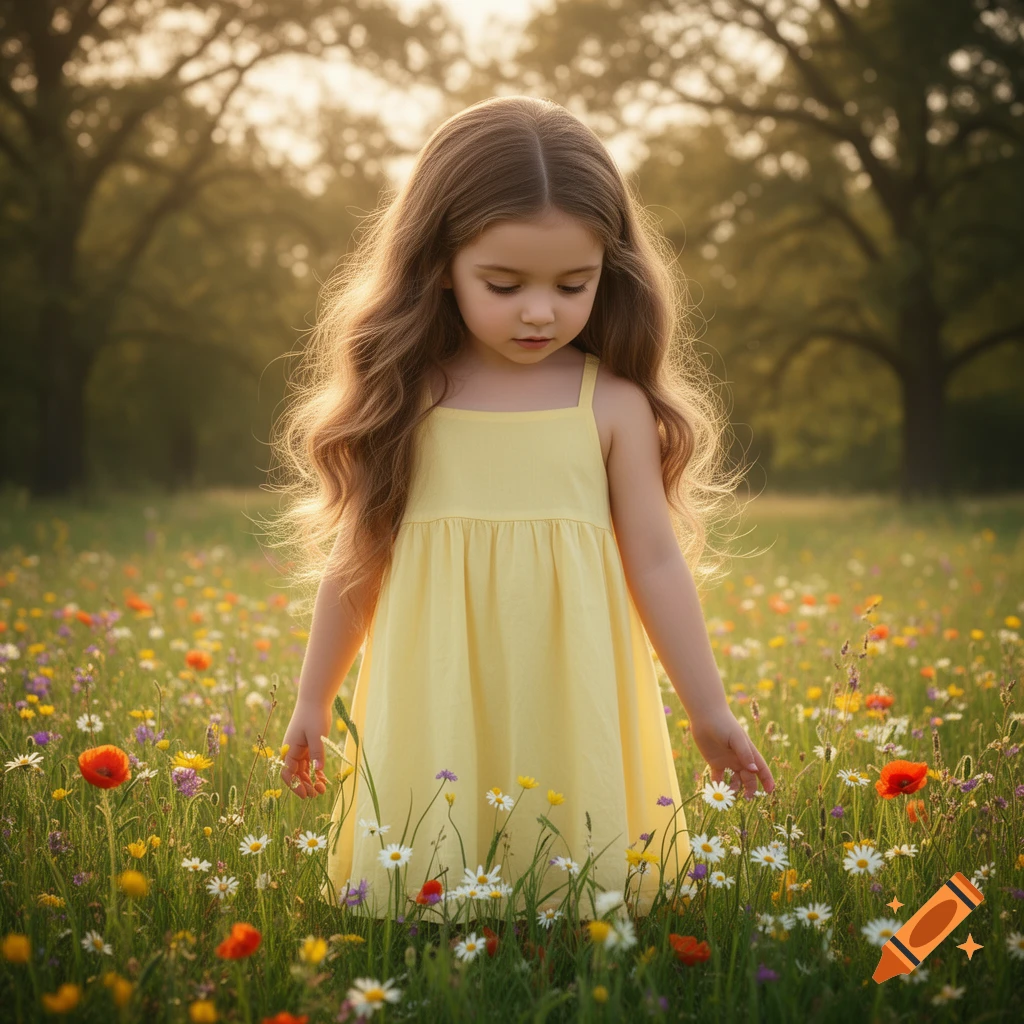 A young girl with long brown hair in a yellow dress looks down at colorful wildflowers in a sunlit field with trees.