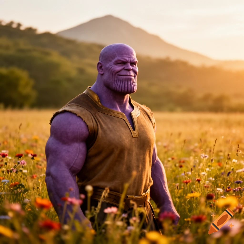 Photorealistic image of a smiling, purple-skinned Thanos in a brown tunic, standing in a sunlit field of wildflowers with mountains in the background.
